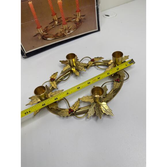 Vintage Oval Brass Holly Berries 4 Candlestick Holder 1970s - Picture 8 of 10
